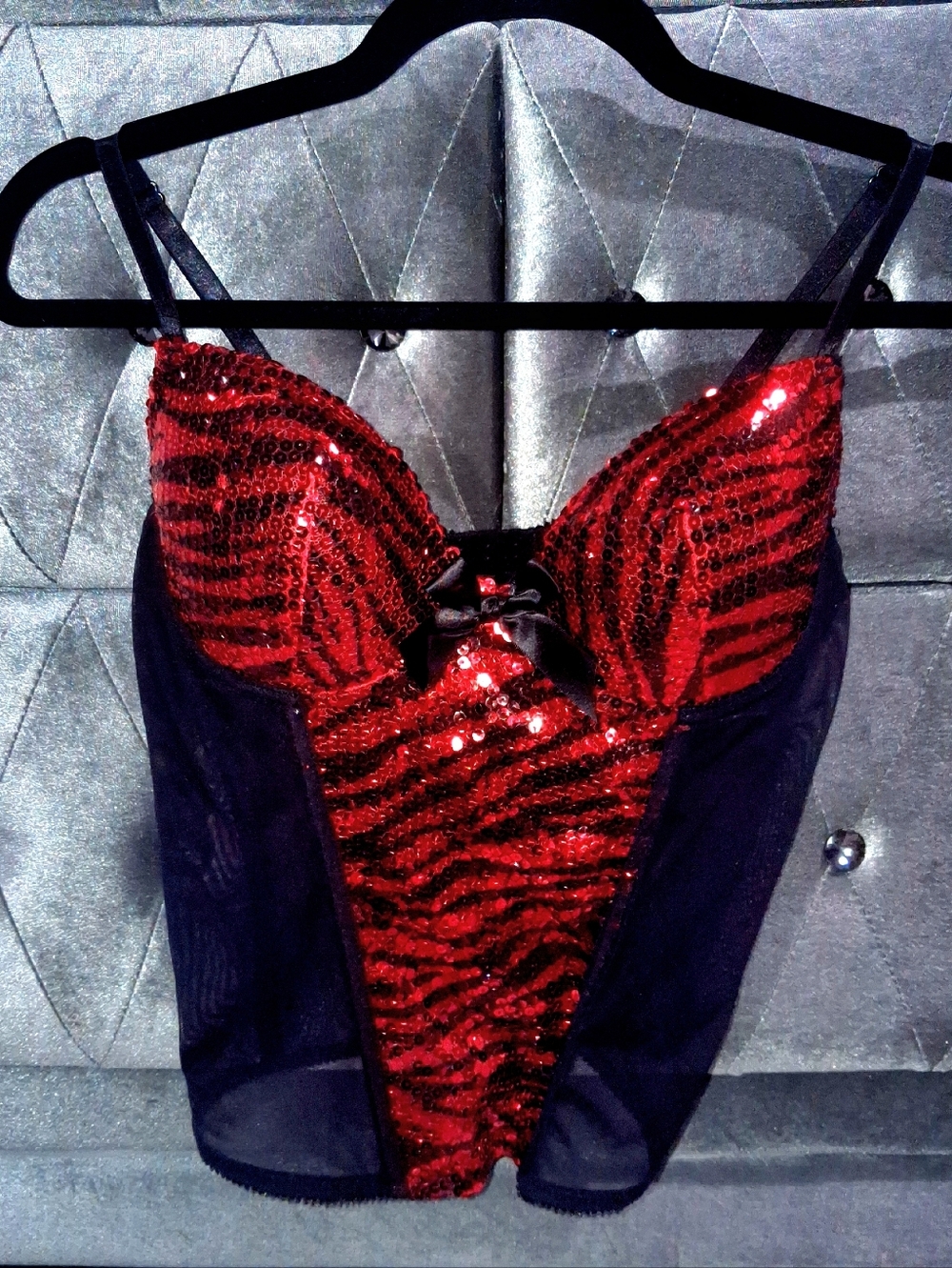 Passion Forever Red Sequin Black Tiger Print Bow Corset Bustier Show Girl 36B